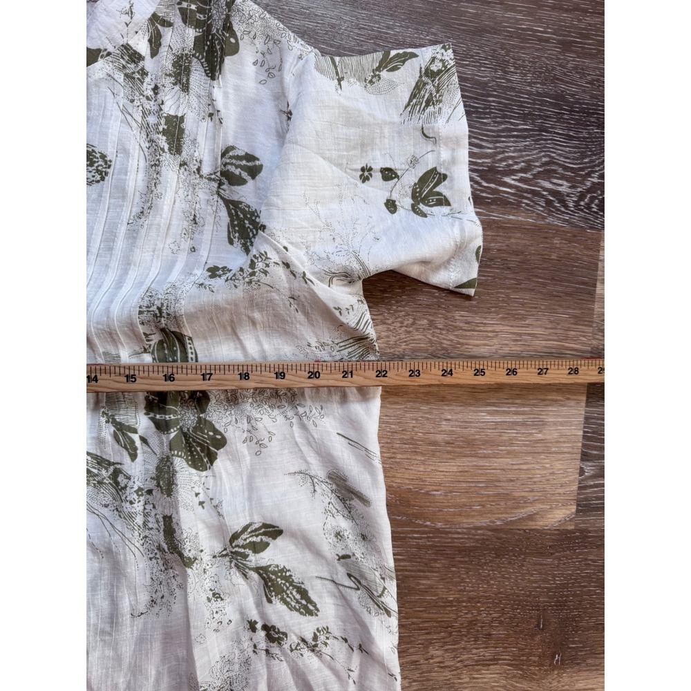 Floral Pintuck Button Front Blouse Olive Green White Short Sleeve XL - Picture 5 of 9